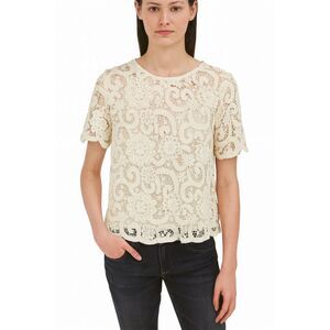 Nanette Lepore white open lace short sleeve blouse ribbon back size M mature